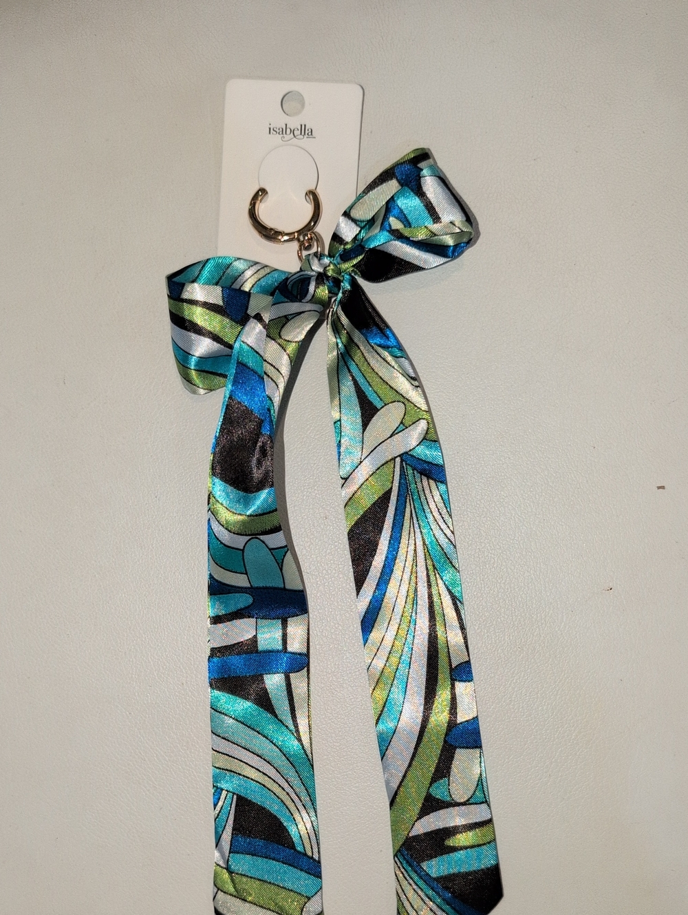 Silky Bow Keychain with Blue-Green Abstract Print Twilly